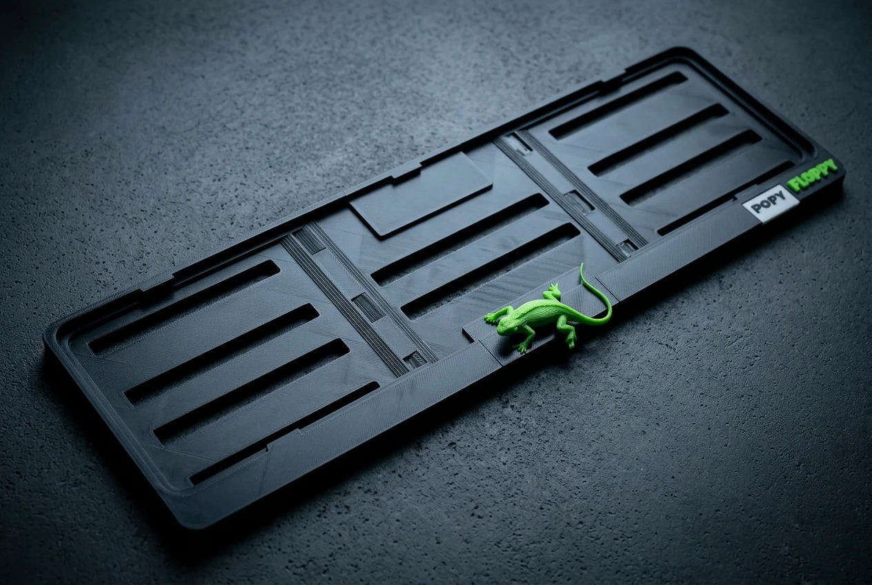 Lizard number plate underlay — angled product view showing black body with vivid green gecko motif